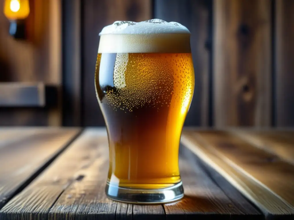 Cerveza artesanal dorada en vaso de cristal Cerveza artesanal dorada en vaso, con burbujas y condensación