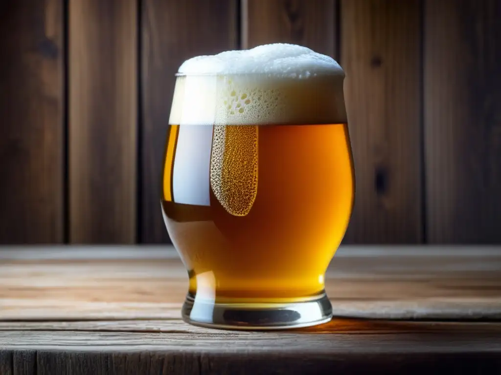 Cerveza belga dorada en vaso de cristal Foto detallada de cerveza belga dorada en vaso en mesa de madera - Bares en Bruselas