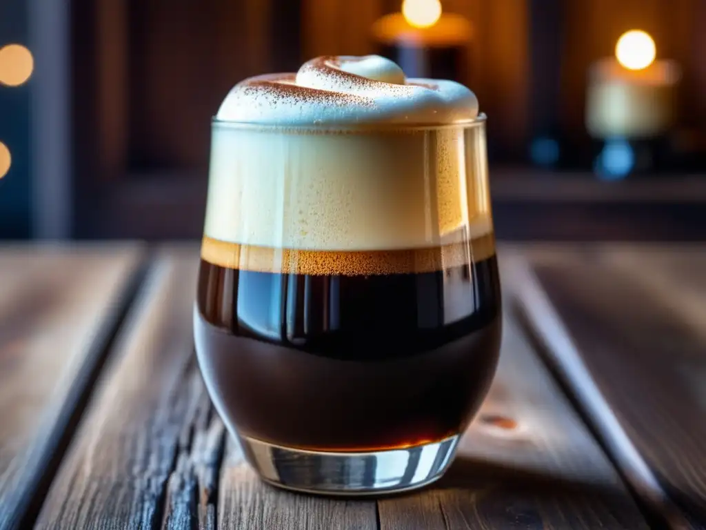 Cerveza de chocolate en vaso de vidrio Cerveza Chocolate Stout en vaso de cristal sobre mesa rústica: líquido oscuro y burbujas brillantes reflejan su entorno