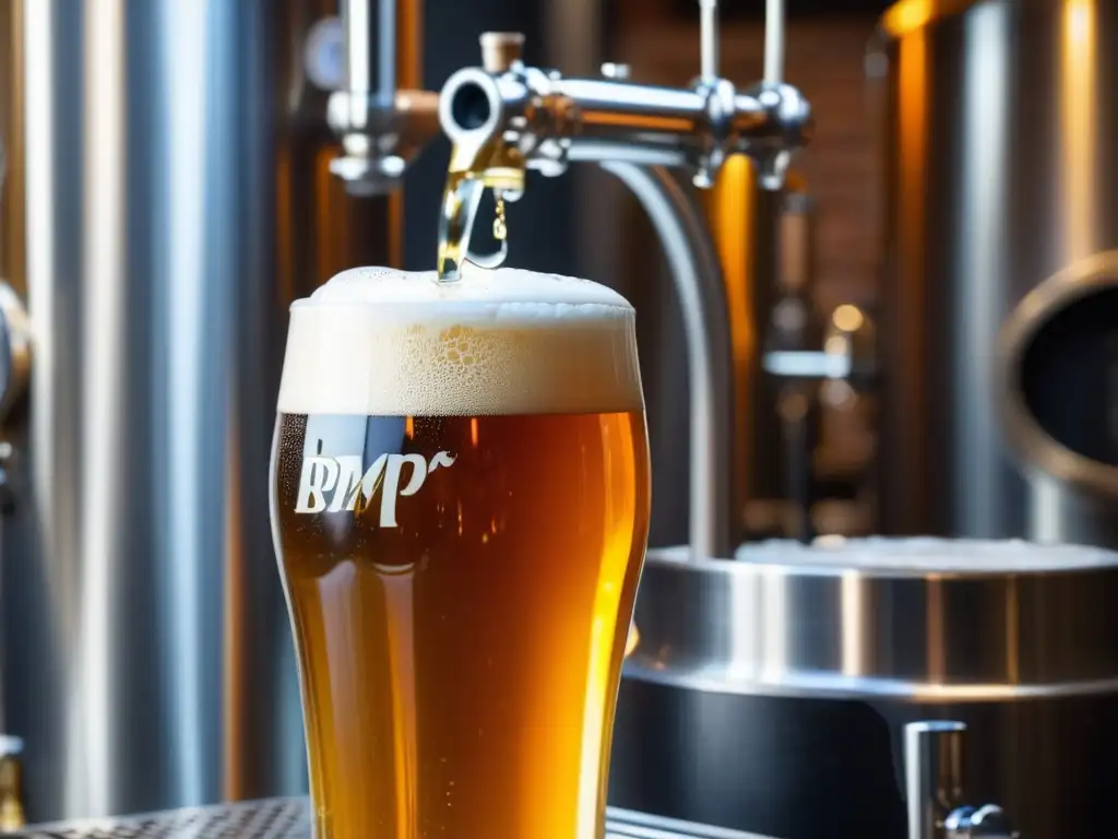 Cerveza dorada en vaso, servida de barril Cerveza dorada perfectamente servida, con burbujas flotando y un barril con logo de una famosa cervecería