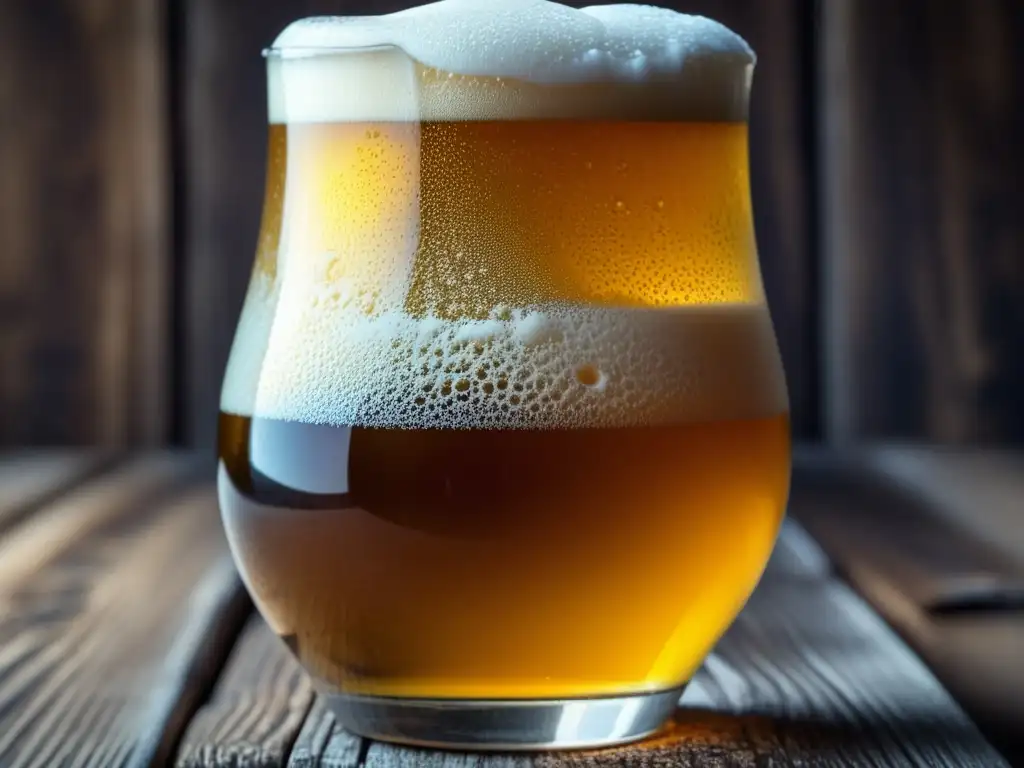 Cerveza dorada y burbujeante en vaso de vidrio Cerveza dorada con burbujas, espuma cremosa y condensación en vaso de madera - Vocabulario de sabor