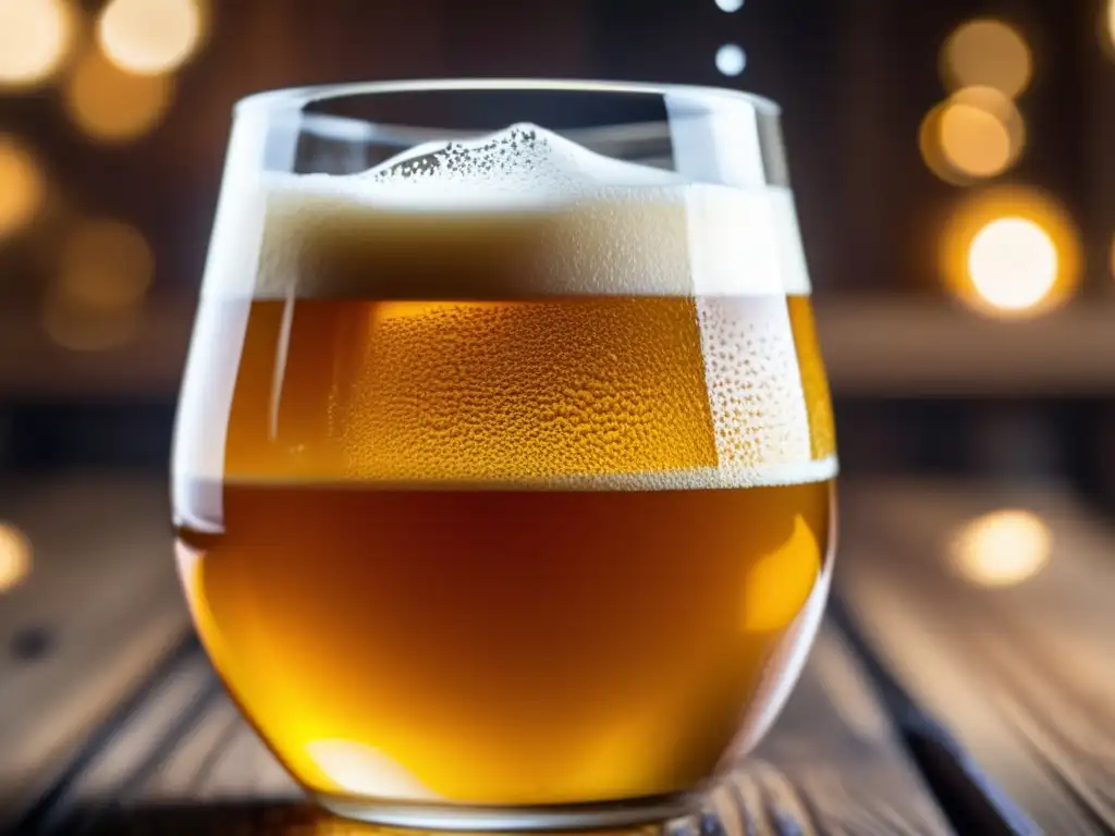 Cerveza artesanal moderna con burbujas y espuma cremosa en vaso de vidrio