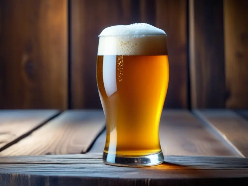 Un vaso de cerveza dorada y espumosa en una mesa de madera Cerveza dorada con burbujas en vaso en mesa de madera rústica - Jack McAuliffe