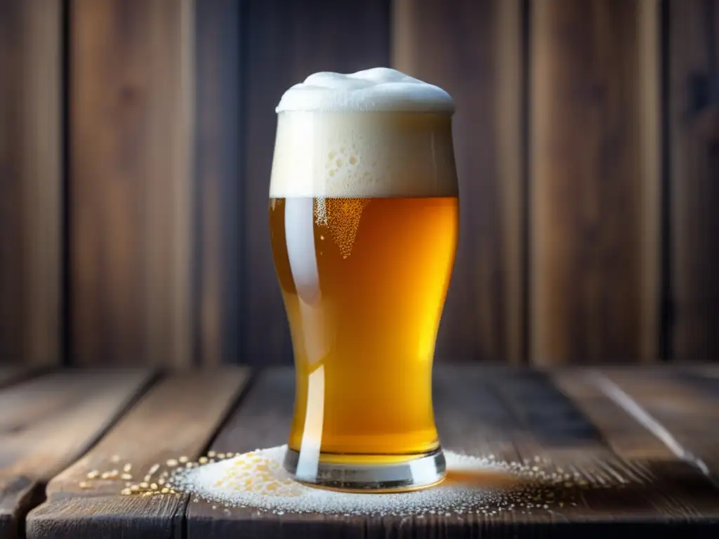 Cerveza de trigo dorada con espuma cremosa - Cerveza Hefeweizen dorada con espuma cremosa, burbujas y detalles en mesa de madera