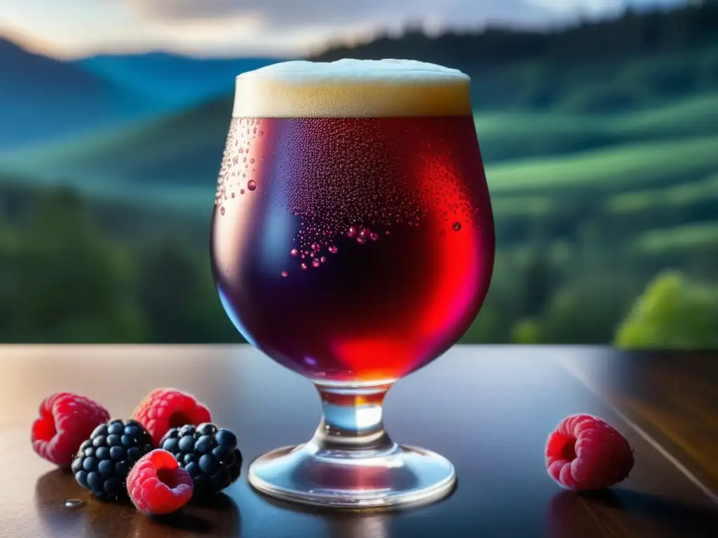 Cerveza de frutas silvestres con burbujas Cervezas de Fermentación Espontánea y Frutos del Bosque: Cálida cerveza escarlata con burbujas y frutas silvestres