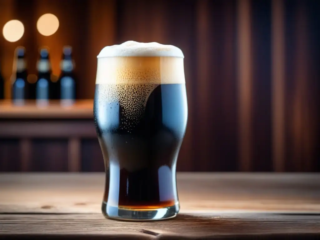 Cerveza stout casera en vaso de madera Cerveza stout casera en vaso de madera con burbujas y textura cremosa