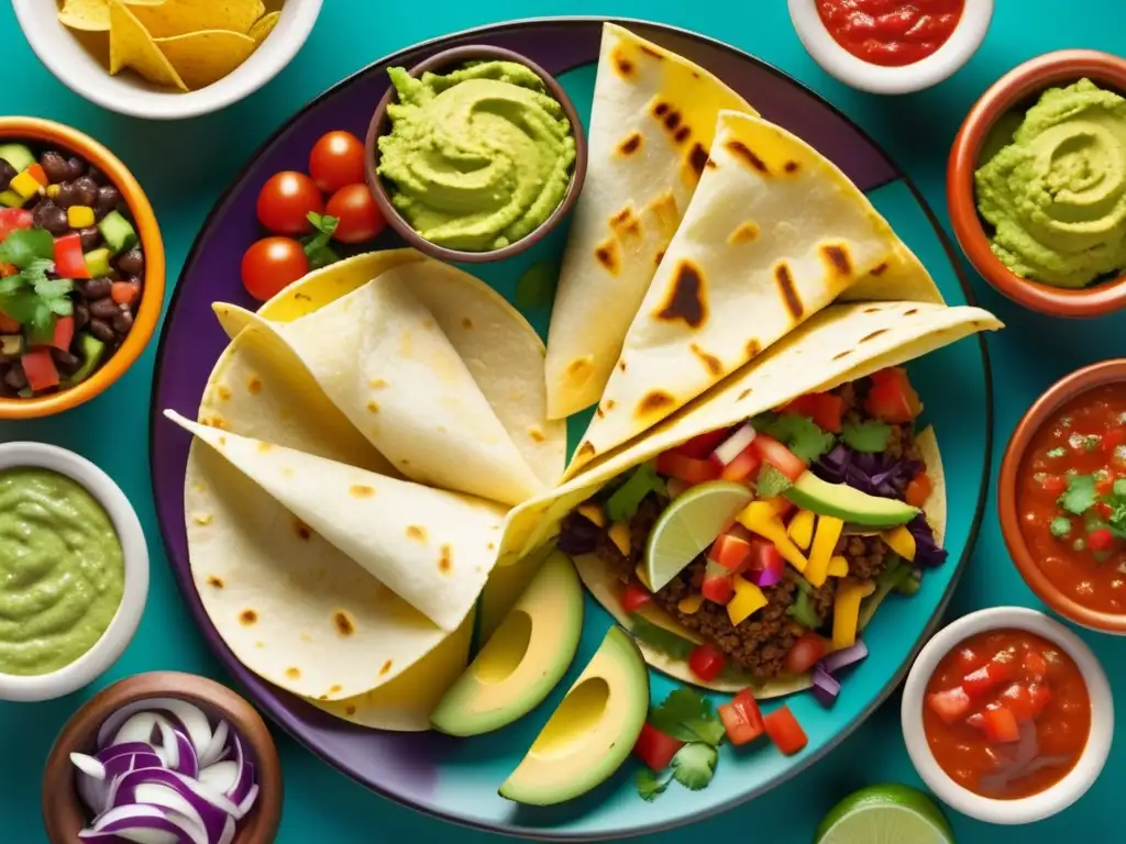 Deliciosa comida mexicana con tacos, enchiladas, guacamole, salsa, vegetales asados y una cerveza Corona Extra