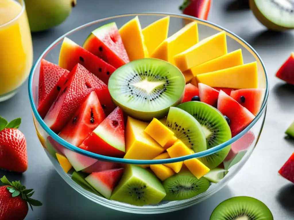 Colorida y vibrante ensalada de frutas en un cuenco transparente Deliciosa ensalada de frutas con agua de frutas tropicales, perfectamente arreglada en un tazón de vidrio transparente