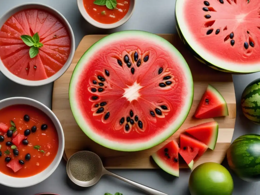 Deliciosa ensalada de gazpacho con sandía Deliciosa imagen de una sandía madura en una tabla de cortar de madera, rodeada de ingredientes para hacer gazpacho