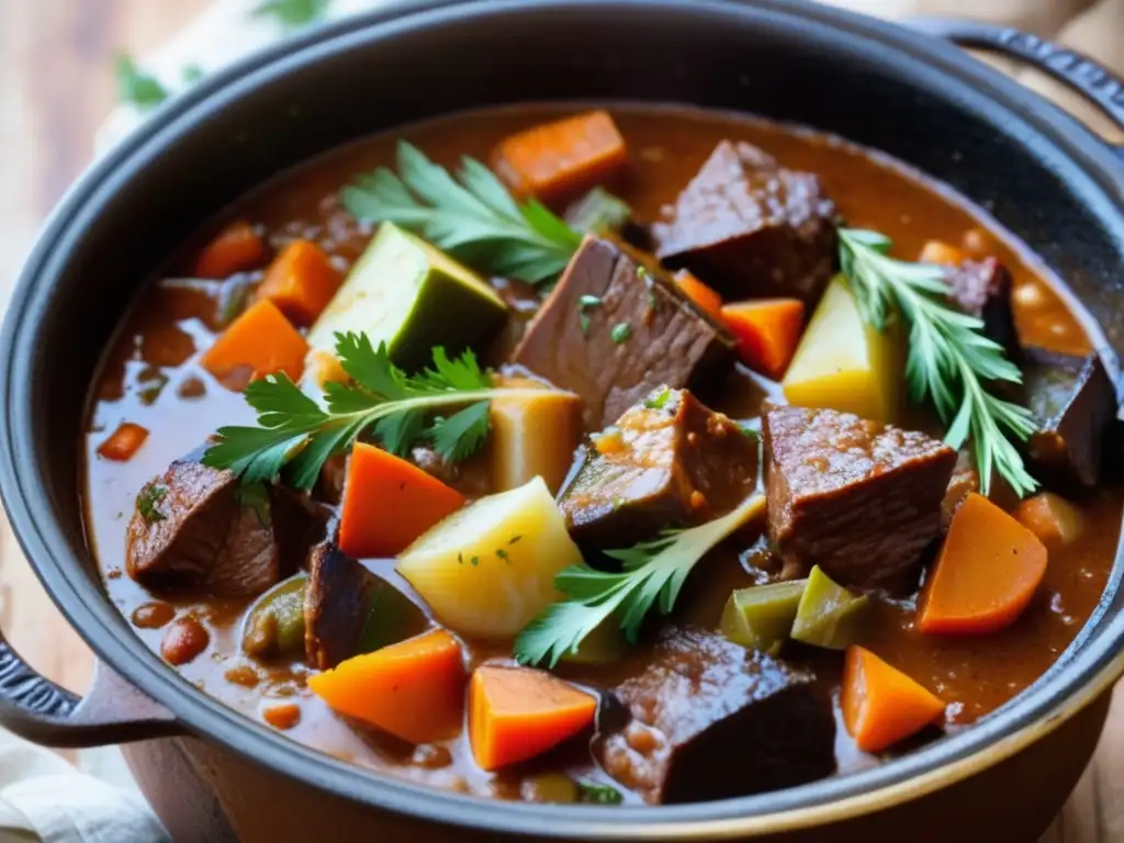 Delicioso guiso en olla de barro Cocido tradicional con ingredientes abundantes en una olla de barro sobre una estufa vintage de hierro fundido