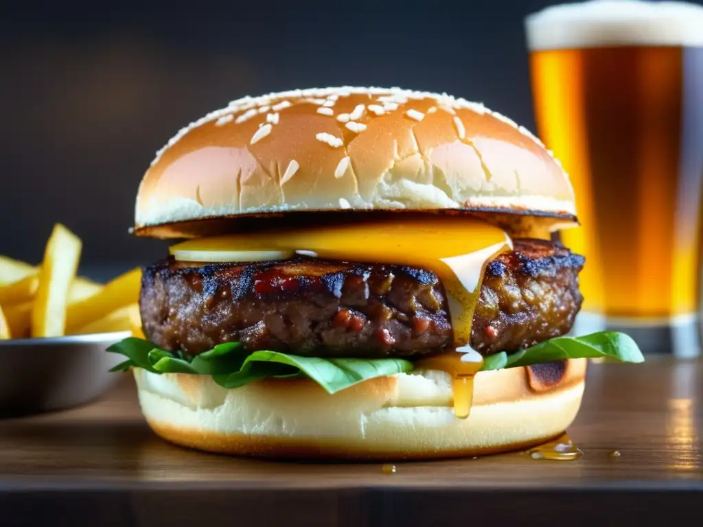 Deliciosa hamburguesa y cerveza IPA Paladar cervecero: IPA dorada con hamburguesa jugosa, queso derretido y condimentos irresistibles