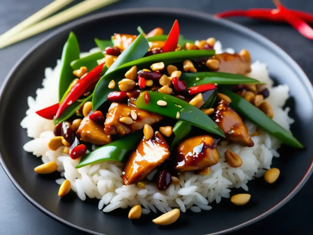 Plato tradicional chino, Kung Pao Chicken, con Yanjing Beer - Detalle y delicia en 8k