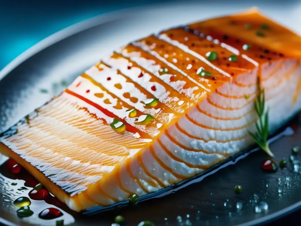 Delicioso pescado marinado en Gueuze Una deliciosa pieza de pescado fresco marinado con Gueuze, goteando y brillando sobre hielo, listo para disfrutar