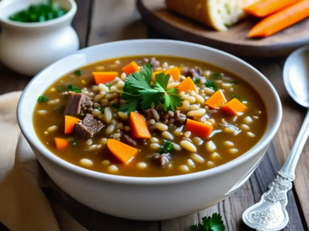 Sopa escocesa de cebada y ale Deliciosa sopa escocesa de cebada y ale en una mesa de madera rústica, con carne tierna, zanahorias y cebollas