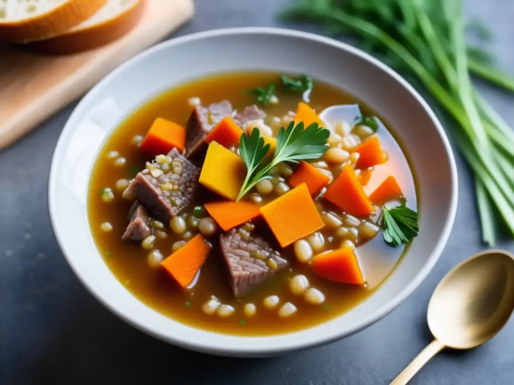 Deliciosa sopa escocesa de cebada Sopa de cebada escocesa con carne tierna, zanahorias y cebolla, decorada con hierbas frescas y aceite de oliva - Ale Escocesa