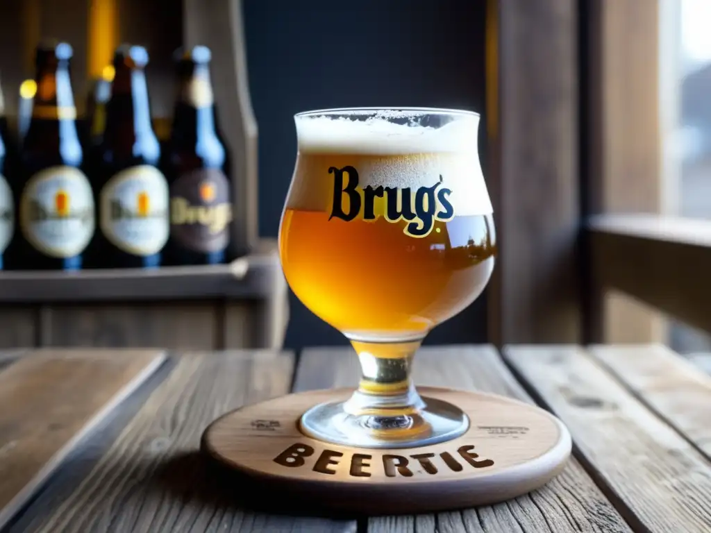 Cerveza belga dorada en copa tulipa Cerveza belga meticulosamente servida en una copa tulipa, resaltando su color dorado y espuma