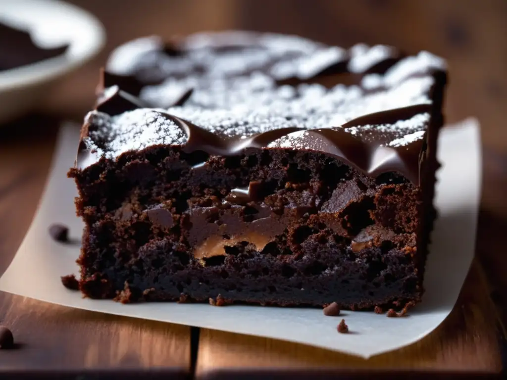 Delicioso brownie de chocolate con textura y calidez en una tabla de madera rústica - Maridajes básicos