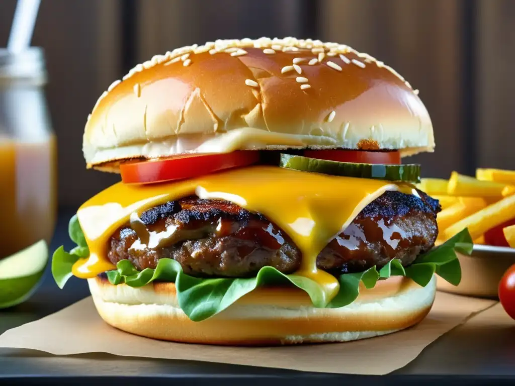 Delicioso burger a la parrilla con queso derretido y maridajes básicos