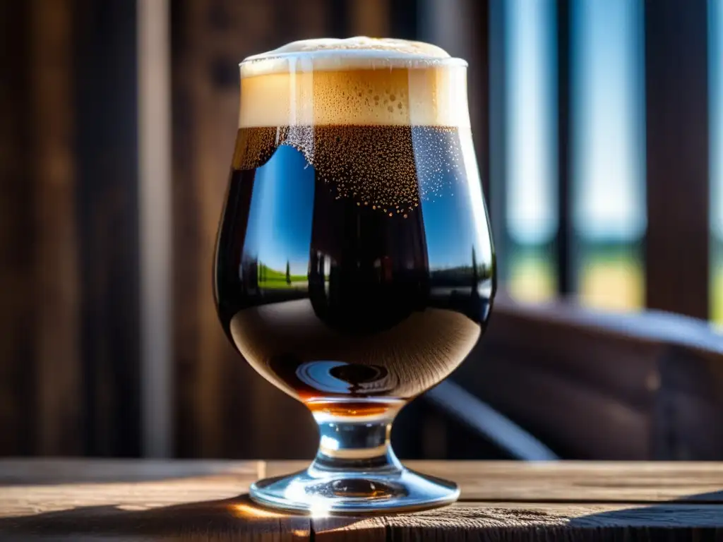 Cerveza negra de chocolate en copa Cerveza Stout y Chocolate en vaso, textura rica y espuma cremosa, rodeada de chocolate oscuro brillante