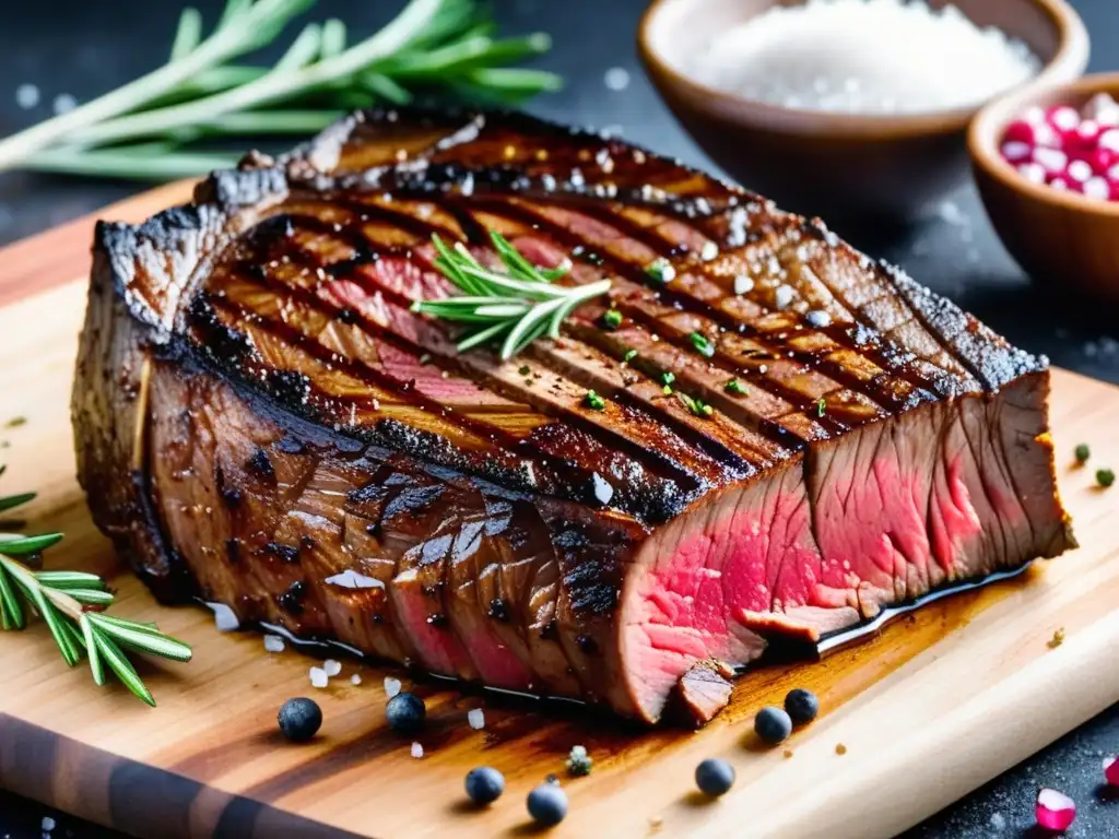 Una deliciosa y jugosa carne de porterhouse, con su exterior carbonizado y centro rosado