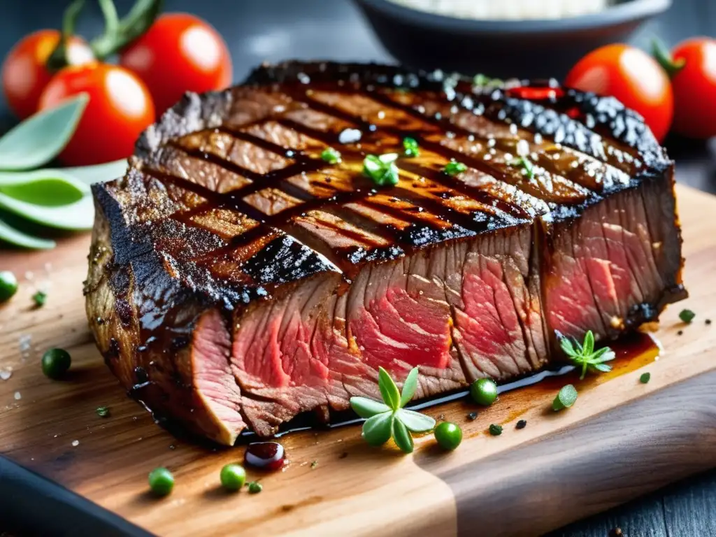 Delicioso porterhouse steak con tomates rojos y hierbas frescas en tabla de cortar de madera - Porter y Carnes Rojas