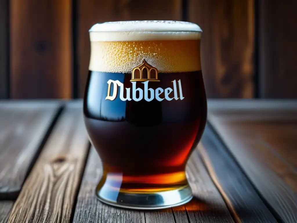 Cerveza Abbey Dubbel en vidrio Cerveza Abbey Dubbel en vaso de vidrio, detallada y elegante