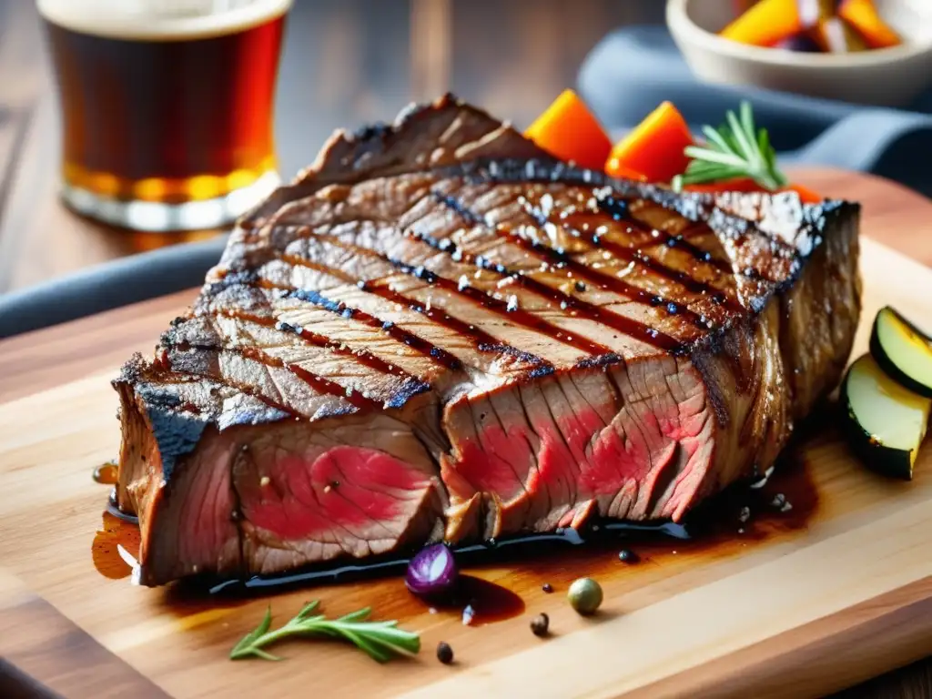 Delicioso filete a la parrilla con cerveza Steak a la parrilla perfectamente cocido, jugoso y con marcas de sellado, acompañado de vegetales asados y cerveza ámbar