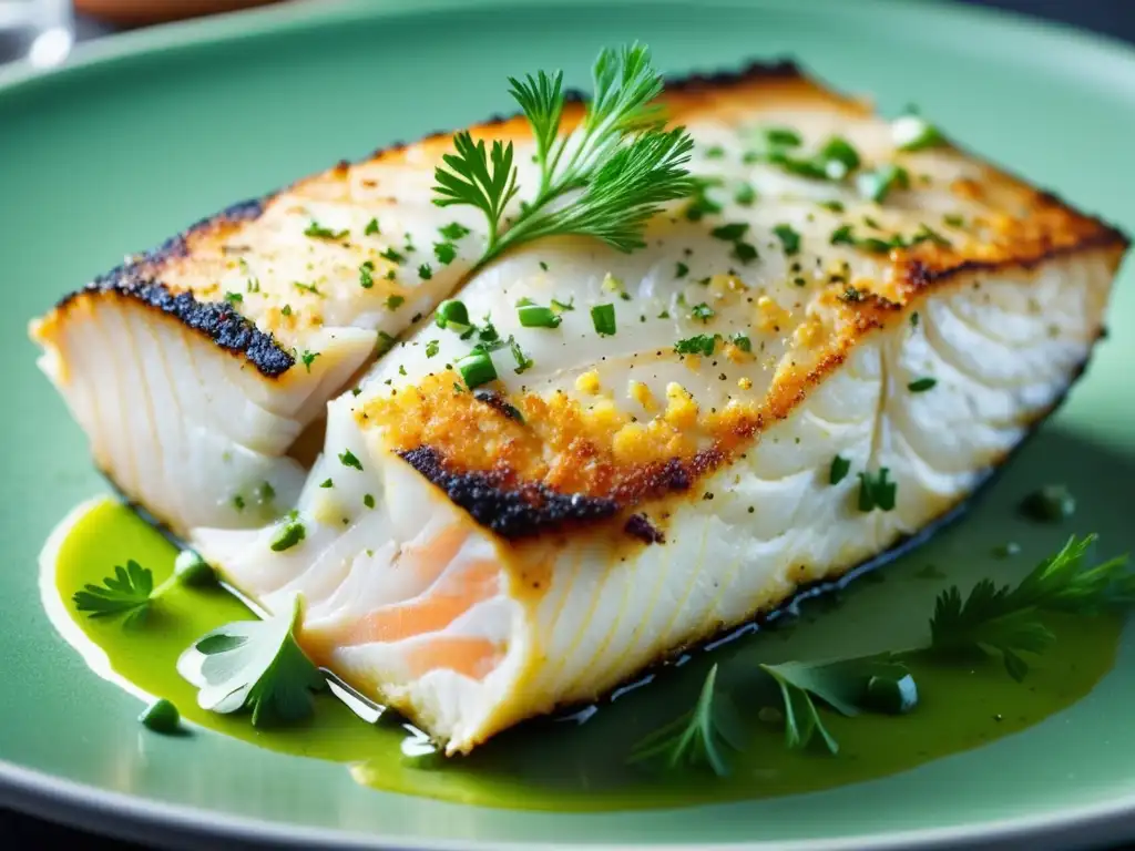 Delicioso filete de pescado dorado con hierbas verdes Delicioso filete de pescado dorado con hierbas frescas, destacando la textura, el sabor y el toque de los Bitters Ingleses