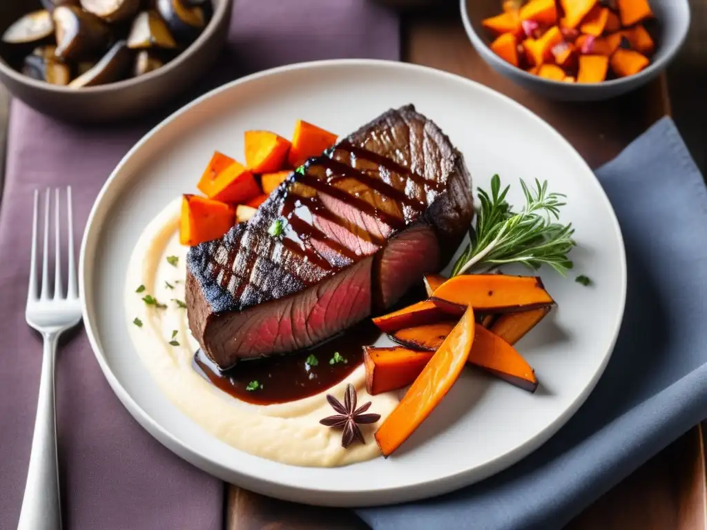 Suculento filete de venado con glaseado brillante y guarnición gourmet Delicioso filete de venado asado con glaseado brillante, acompañado de setas y puré de boniato