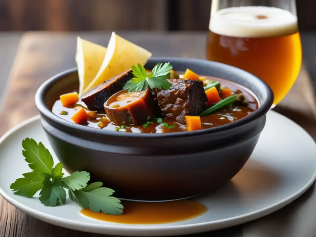 Delicioso estofado con Cerveza de Abadía Imagen detallada de un plato exquisitamente presentado con estofado de Cerveza de Abadía, decorado con hierbas frescas y servido en un tazón rústico