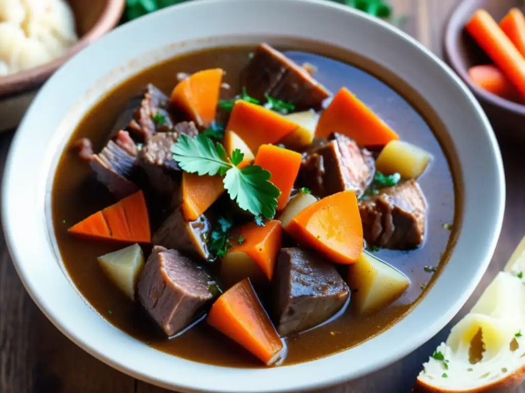 Delicioso estofado irlandés en plato de barro Deliciosa estofado tradicional irlandés en cuenco de barro - Bares en Dublin