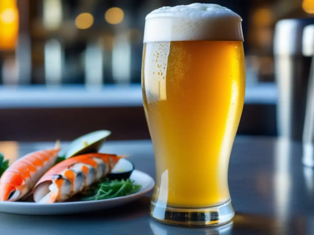 Cerveza de trigo con mariscos frescos Cervezas de Trigo y Mariscos: Cerveza de trigo dorada con espuma cremosa y mariscos frescos