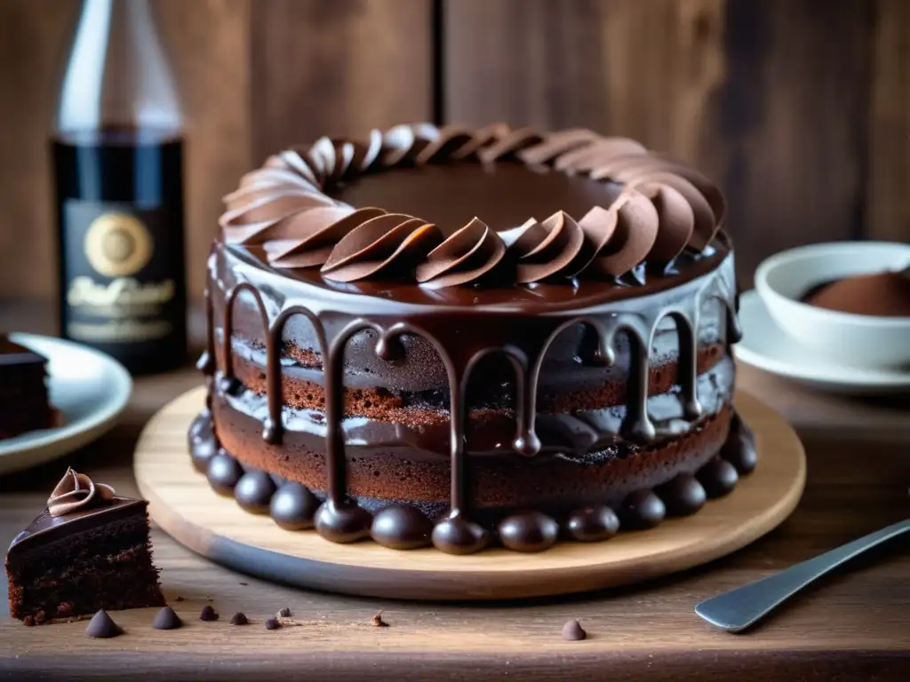 Delicioso pastel de chocolate y Cerveza Stout Delicioso pastel de chocolate con ganache brillante, acompañado de una cerveza stout