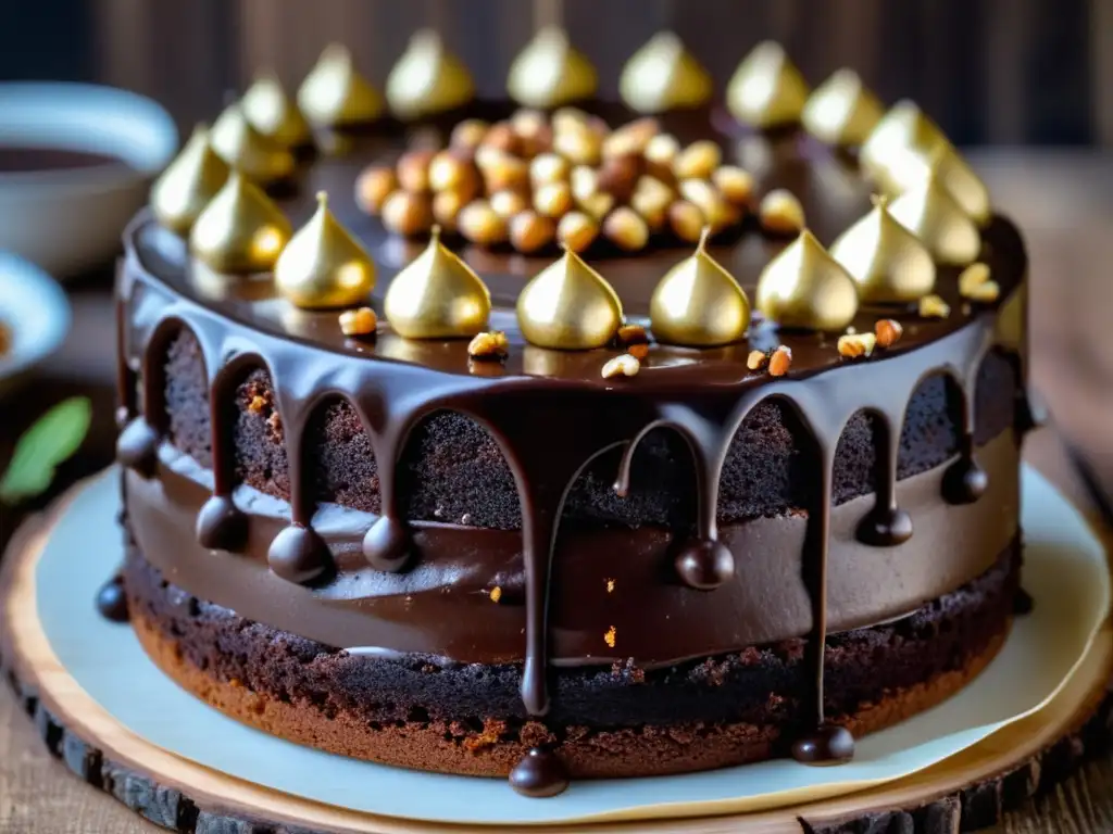 Delicioso pastel de chocolate con ganache brillante y avellanas Delicioso pastel de chocolate con ganache brillante y avellanas tostadas, perfecto para maridar con cerveza Imperial Stout y postres gourmet
