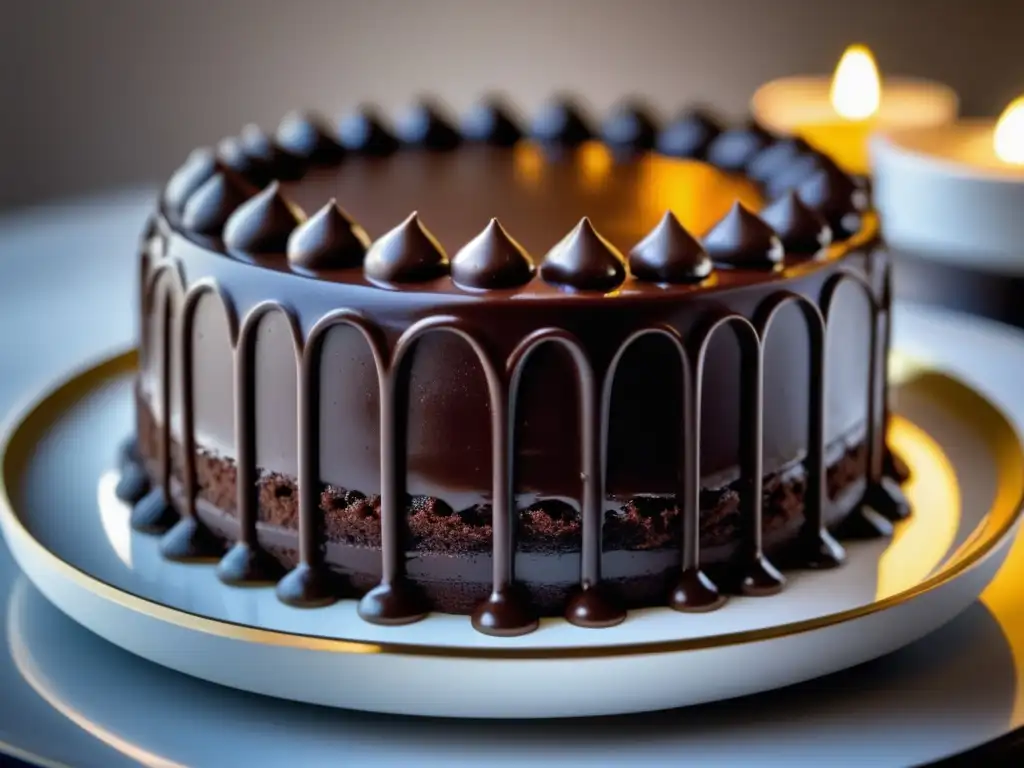 Delicioso pastel de chocolate con ganache brillante Delicioso y elegante pastel de chocolate con ganache brillante, adornado con cocoa y detalles de chocolate y oro