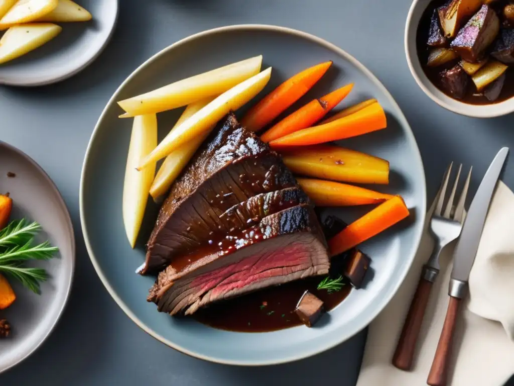 Delicioso plato de carne de res estofada en Doppelbock con salsa brillante Delicioso plato de carne de res estofada infusionada con Doppelbock y una salsa rica y brillante