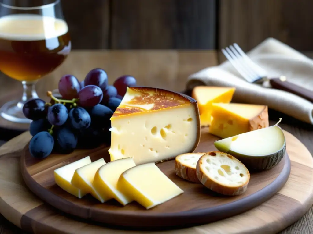 Delicioso plato de queso Chimay belga, acompañado de pan, uvas y miel Delicioso plato de queso Chimay, variedad de quesos belgas con texturas y colores, acompañados de pan, uvas y miel