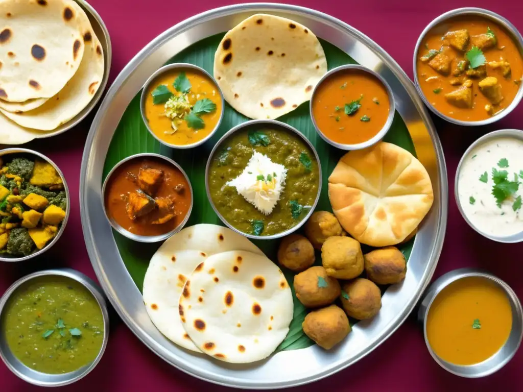 Exquisito thali indio con platos tradicionales Deliciosa comida india en un thali tradicional - Doble IPA y Comida India