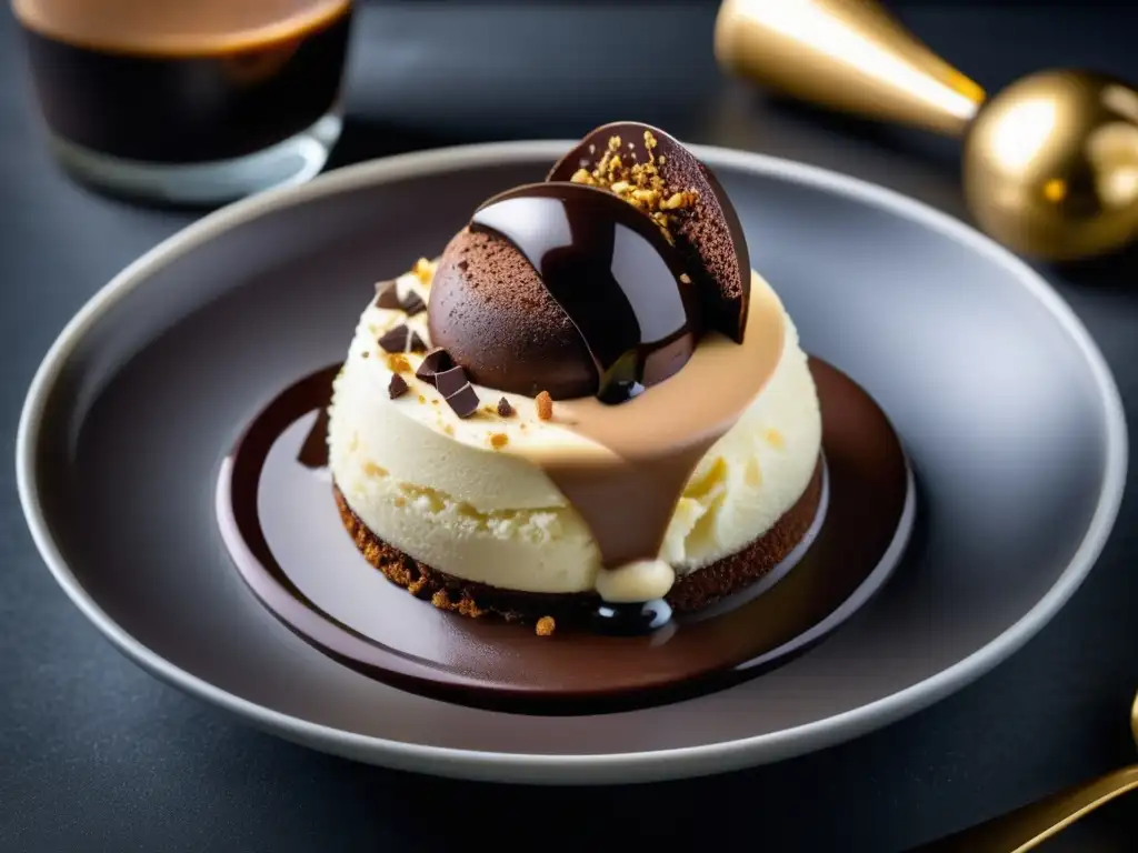 Delicioso postre de chocolate stout Un exquisito postre de mousse de chocolate stout, con ganache brillante, helado de vainilla, frambuesas frescas y menta