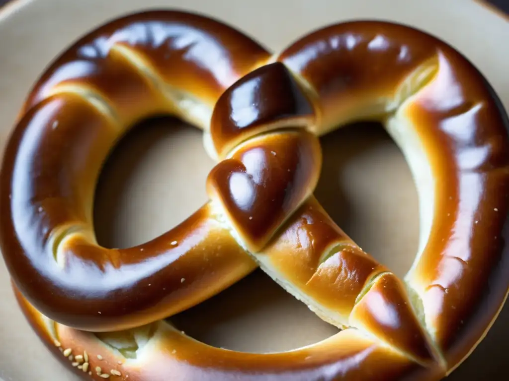 Delicioso pretzel alemán perfectamente horneado Delicioso pretzel alemán, horneado a la perfección, textura y brillo destacados