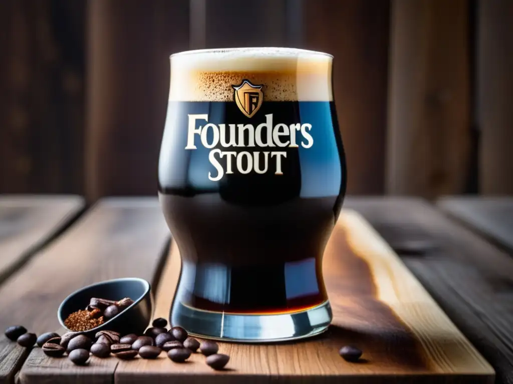 Cerveza Kentucky Breakfast Stout en vaso Imagen detallada de una cerveza Stout Founders Kentucky Breakfast, con color oscuro y espuma cremosa