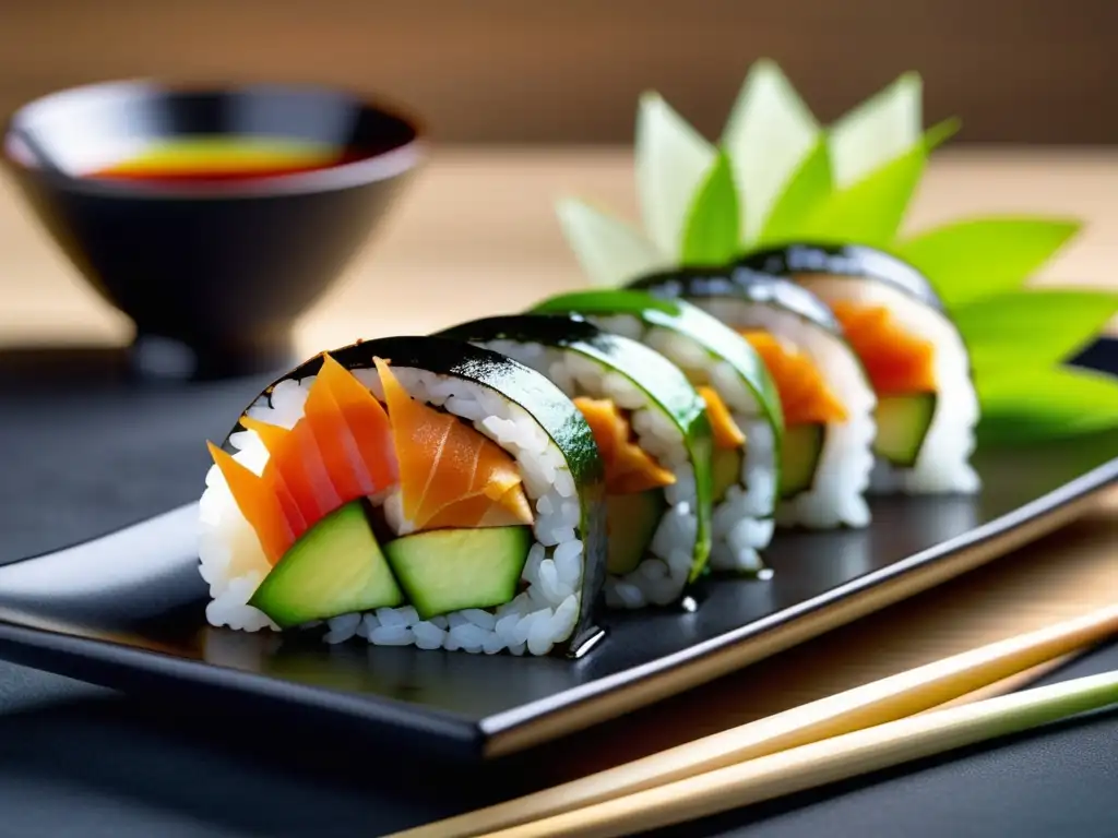 Delicioso sushi con salsa de soja, jengibre fresco y wasabi Deliciosa sushi maridado con jengibre y cerveza de jengibre