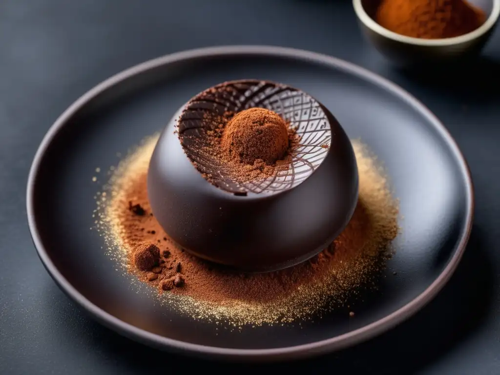 Delicioso trufa de chocolate oscuro sobre plato de cerámica negra Trufa de chocolate negro sobre plato cerámico negro, decorada con polvo de cacao y detalles elegantes