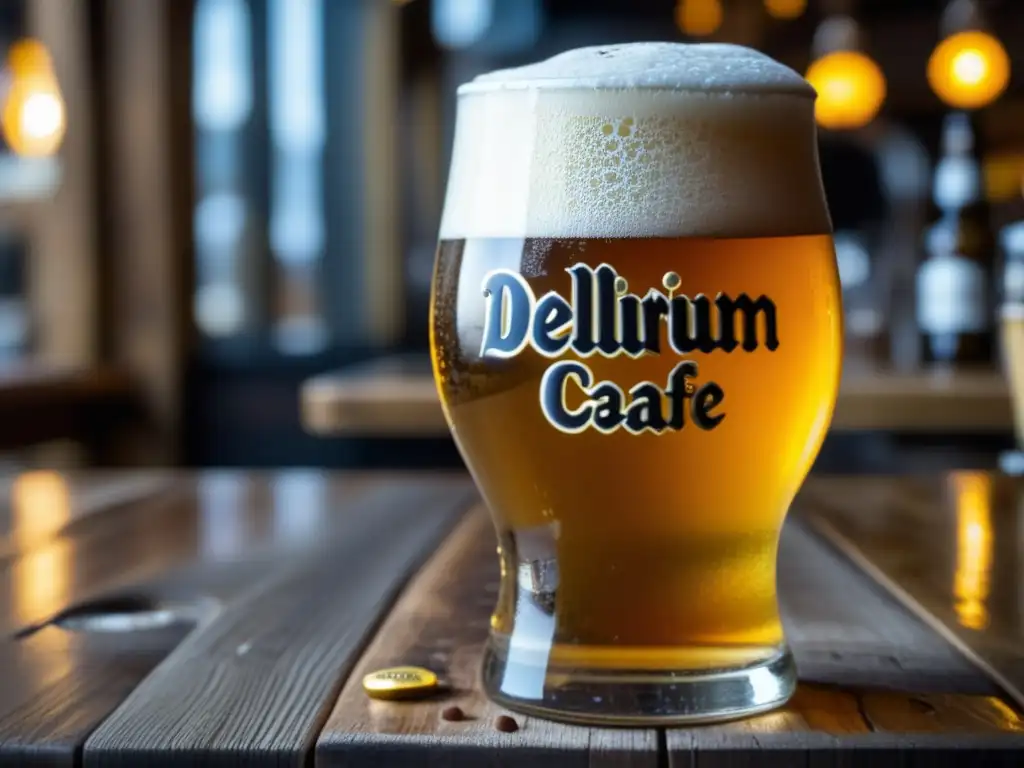 Cerveza Delirium en mesa rústica Vaso de cerveza Delirium en mesa de madera - Bares en Bruselas