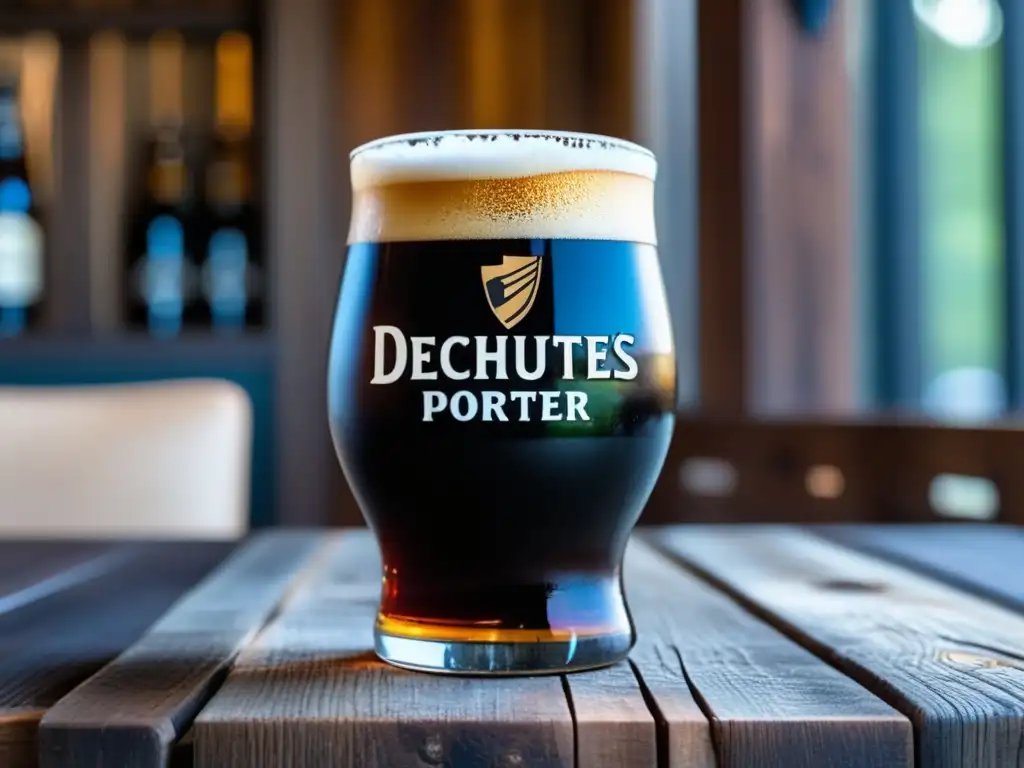 Cerveza Deschutes Black Butte Porter en tulipa Cerveza Deschutes Black Butte Porter en vaso de tulipa, con espuma cremosa y aspecto aterciopelado