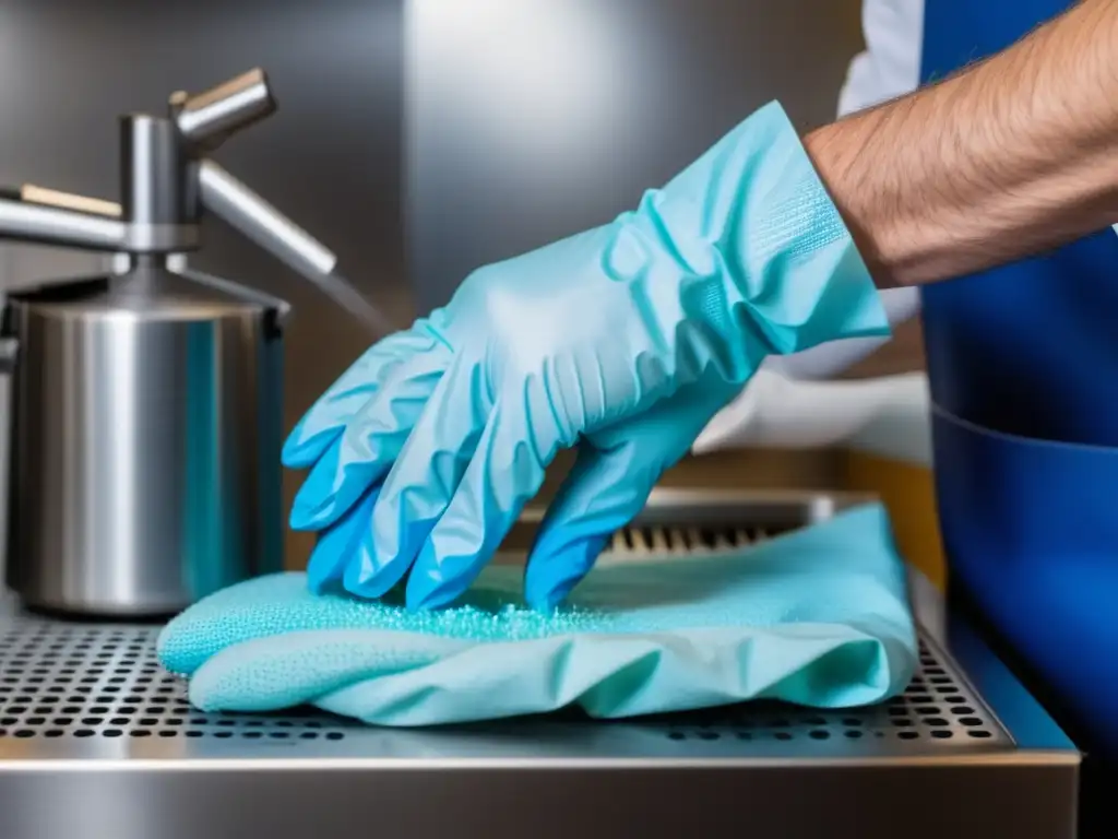 Higiene en la preparación de cerveza Consejos de expertos: Manos meticulosamente sanitizando equipo de elaboración con guantes de látex azules y spray desinfectante