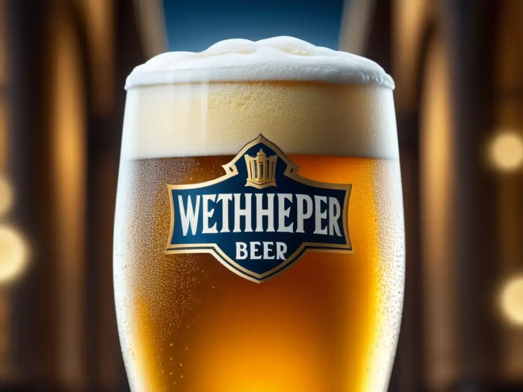 Cerveza de trigo dorada con burbujas y condensación Detalle impresionante de una cerveza Weihenstephaner Hefeweissbier dorada en un vaso