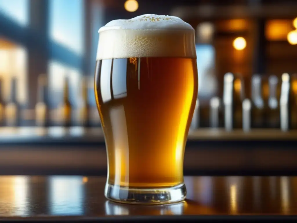 Cerveza dorada con burbujas y espuma en vidrio - Olfato y degustación