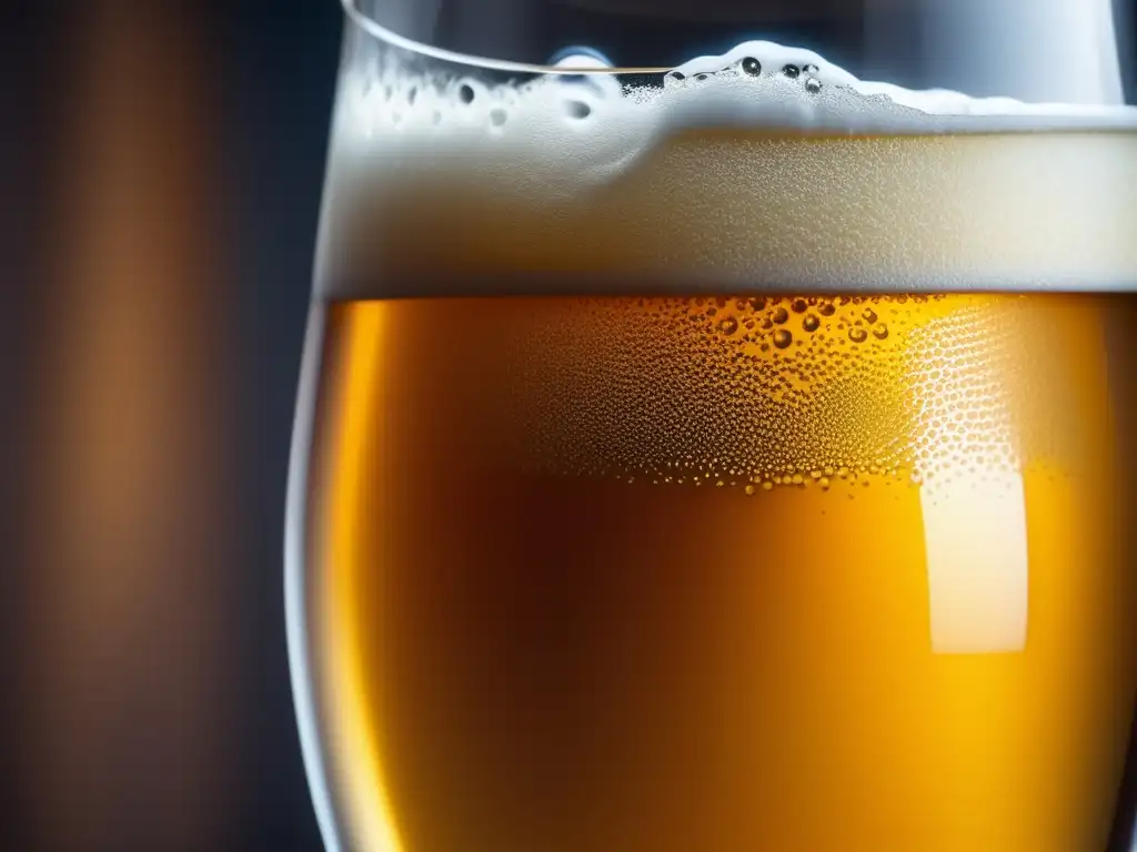 Detallada imagen de una cerveza artesanal en vaso elegante, con burbujas, claridad, autenticidad y detalles