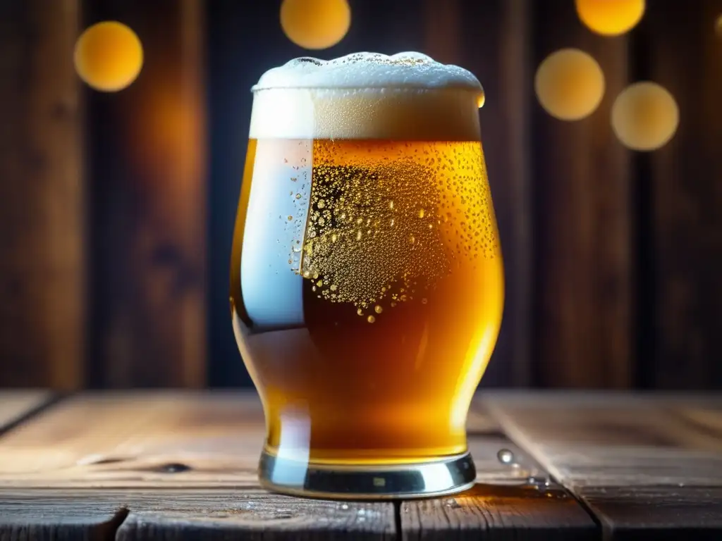 Cerveza artesanal dorada y espumosa Análisis de Mercado: Imagen detallada de una cerveza artesanal dorada y espumosa en un vaso de vidrio sobre una mesa de madera rústica